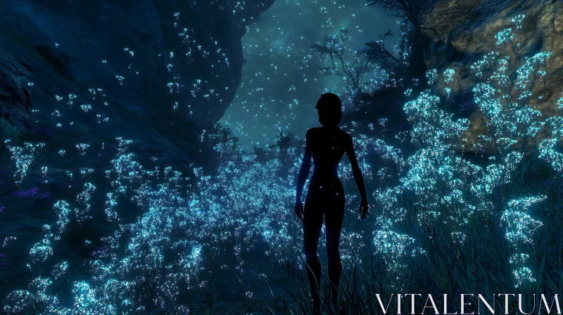 Mystical Glowing Flowers with Silhouette Figure AI Image