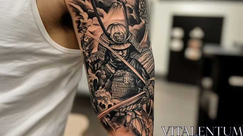 Samurai Warrior Tattoo with Swords and Clouds AI Image