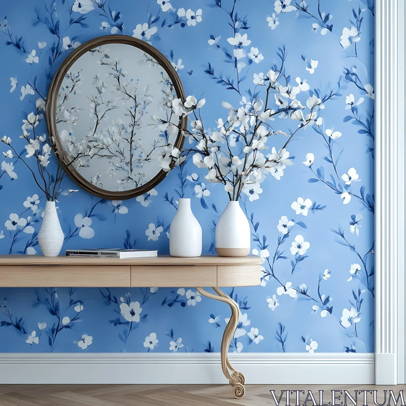 AI ART White Flowers and Blue Interior Design