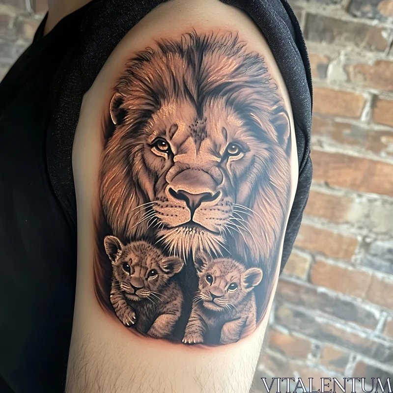 Detailed Lion Family Tattoo on Arm AI Image