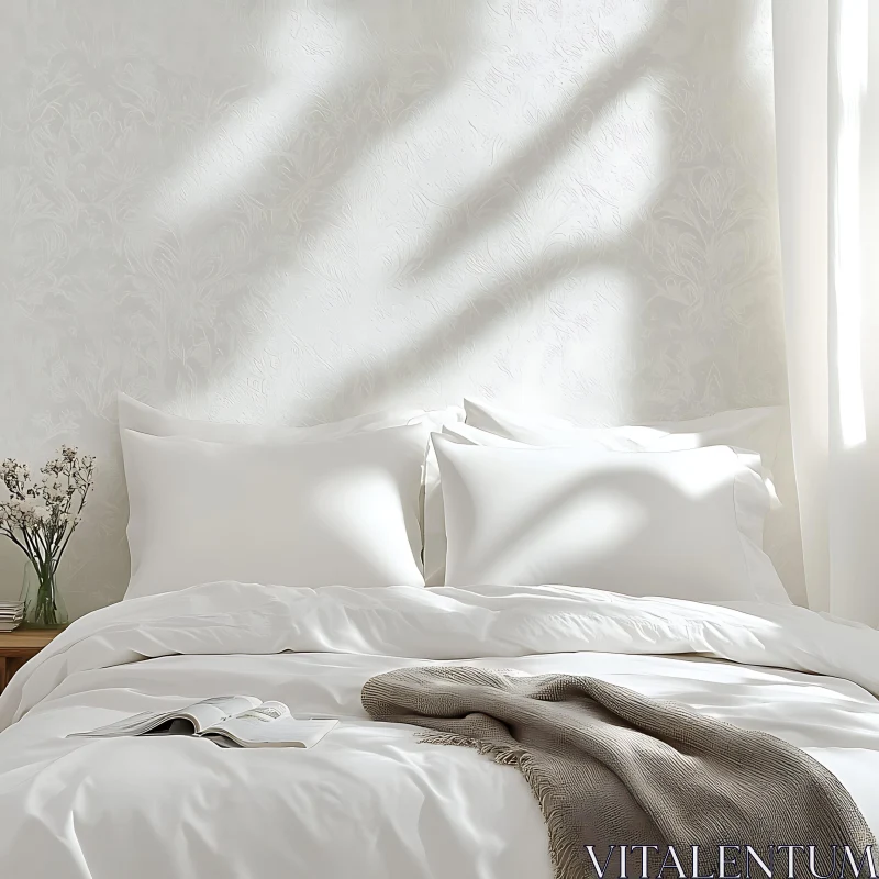 Peaceful Bedroom Scene with White Linens AI Image