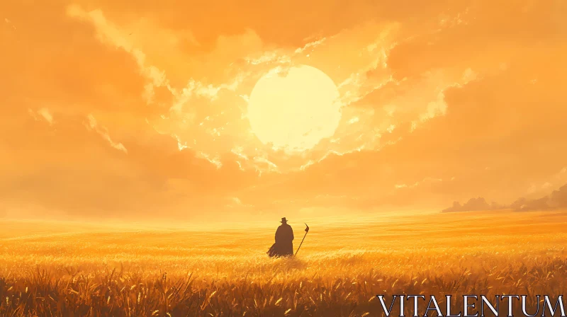 AI ART Figure in Golden Field at Sunset