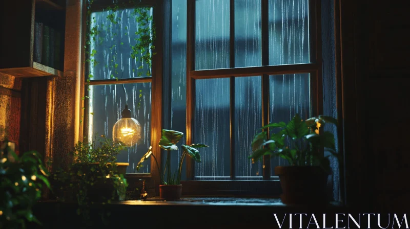 Cozy Indoor Scene with Rain and Plants AI Image