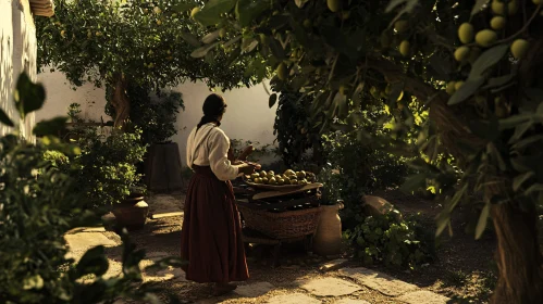 Woman Harvesting Fruit in a Sunny Orchard