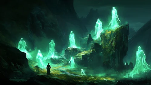 Glowing Figures in Misty Landscape