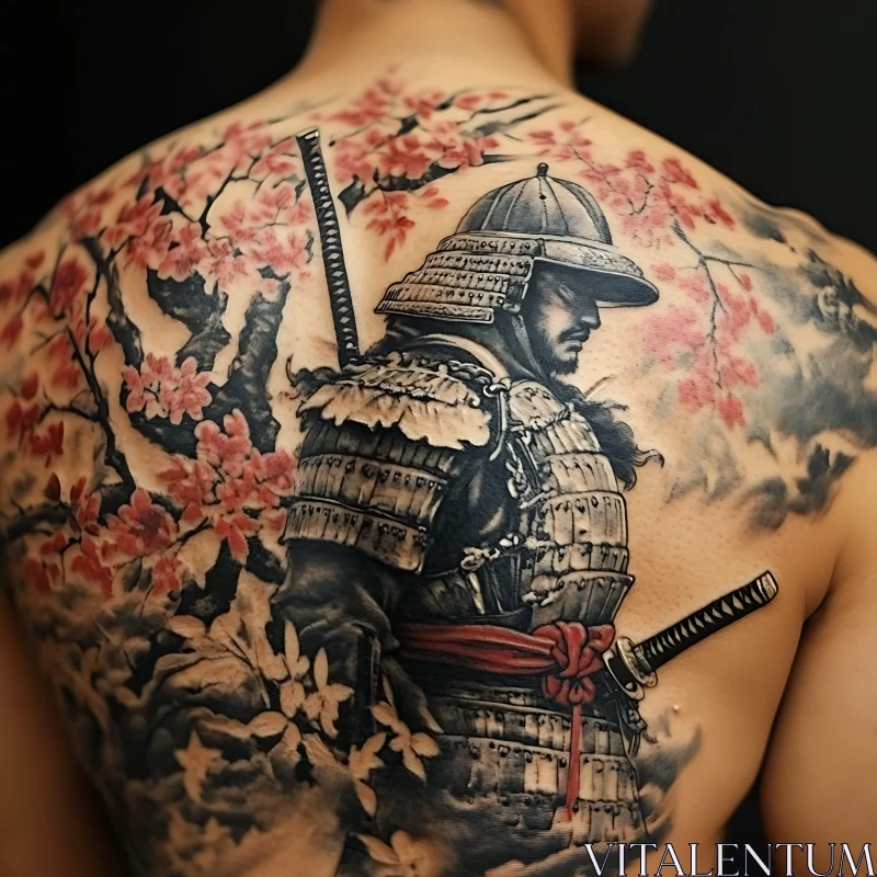 Traditional Samurai and Cherry Blossoms Back Tattoo AI Image