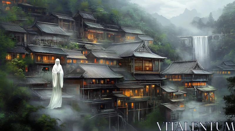 AI ART Serene Village and Waterfall with Spirit