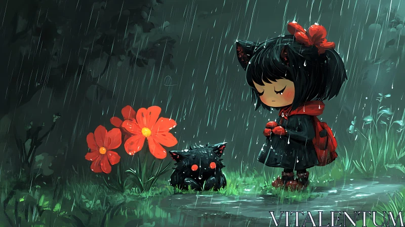 AI ART Girl and Cat Illustration in the Rain