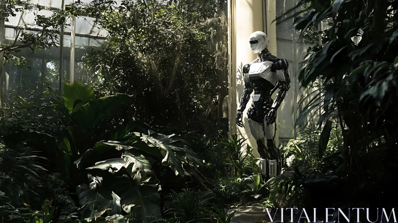 Advanced Robot in Tropical Greenhouse Setting AI Image