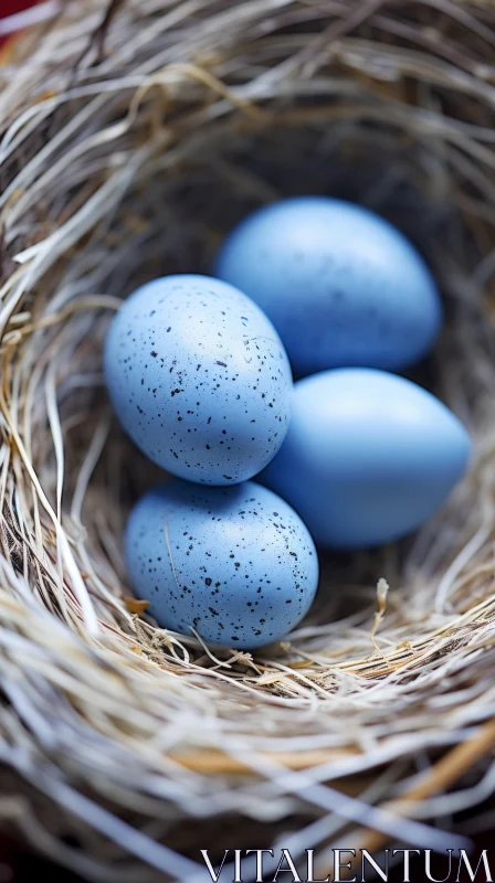 Blue Eggs in a Nest: A Naturalistic Bird Portrait in Macro Photography AI Image