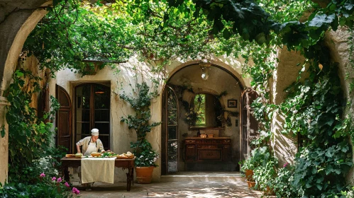 Chef in Ivy-Covered Courtyard