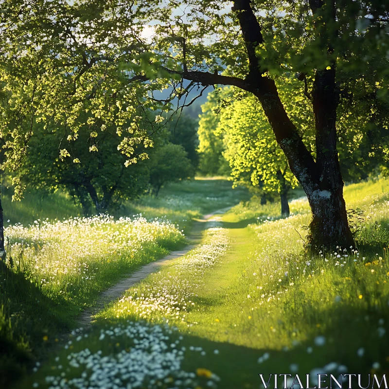 Tranquil Path in a Green Meadow AI Image