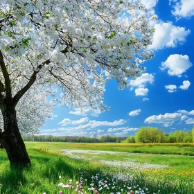 Spring Meadow with Blossoming Tree