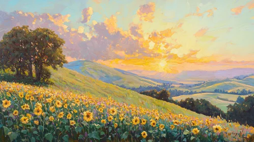 Golden Sunset over Sunflower Meadow