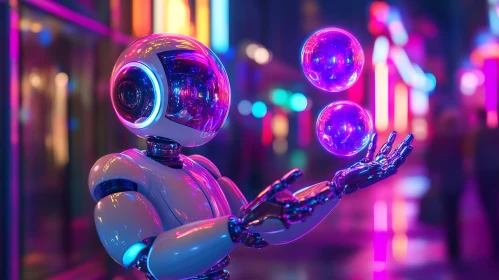 Neon Robot with Luminous Spheres