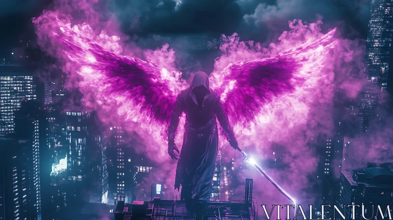 AI ART Winged Guardian in Neon Metropolis