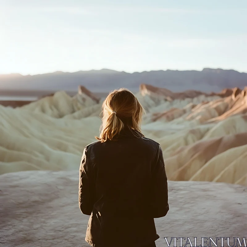 Woman Overlooking Desert Hills at Sunset AI Image