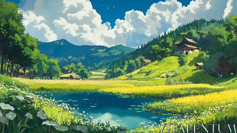 AI ART Tranquil Lake and Meadow Scene