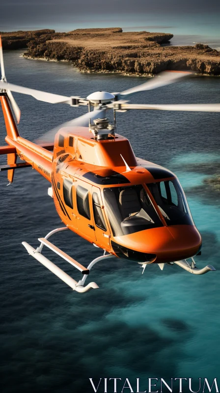 Orange Helicopter Flying over Ocean - Polished Craftsmanship and Exacting Precision AI Image