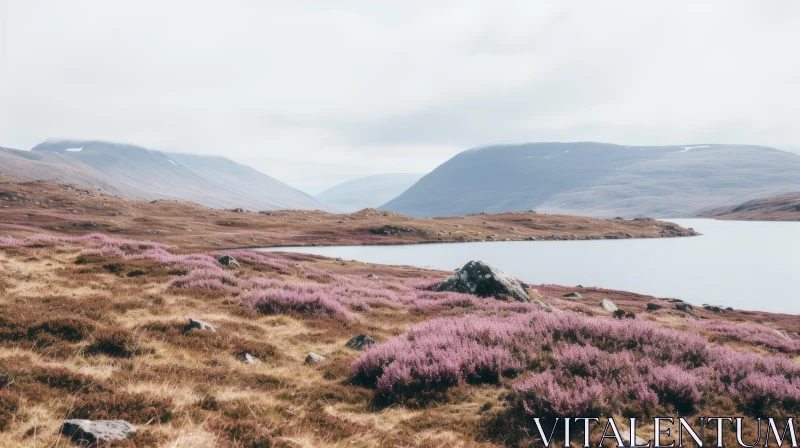Purple Flowers on Grassy Hill in Scottish Highlands | Muted Color Palettes AI Image