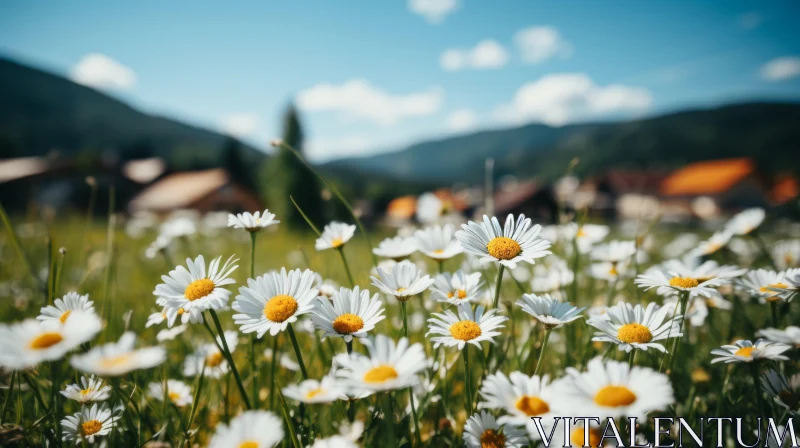Serene White Daisy Field with Majestic Mountain Views AI Image