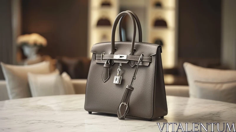 Stylish Brown Leather Handbag with Silver Lock and Chain on Marble Table AI Image