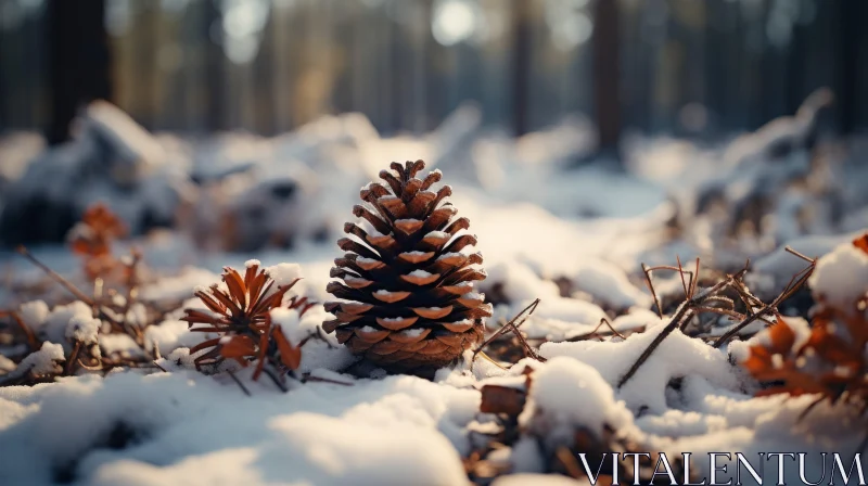 AI ART Winter Forest Scene - Pinecone on Snow