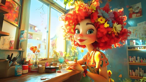 Cartoon Character with Floral Hair by Window