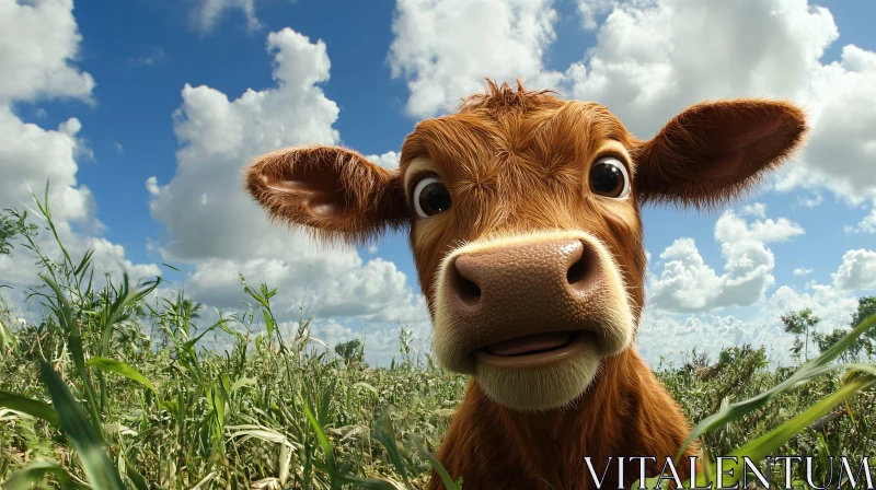 Animated Cow Portrait in Green Field AI Image