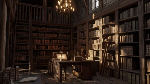 Old Library Interior with Wooden Furniture