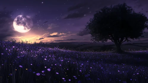 Mystical Night Blooming Field with Moon