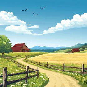 Rural Countryside Scene with Farm