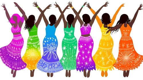 Rainbow Dresses Dancing Women Illustration