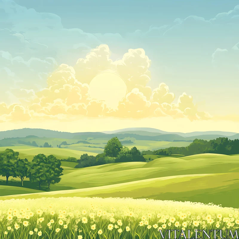 AI ART Idyllic Countryside View with Flowers and Sunlight