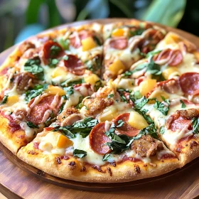 Gourmet Pizza with Cheese and Basil Leaves