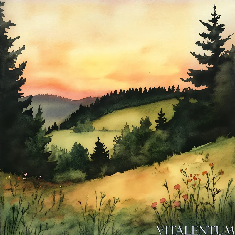 Peaceful Nature Scene Watercolor Painting AI Image