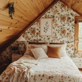 Attic Bedroom with Floral Wallpaper and Soft Bedding