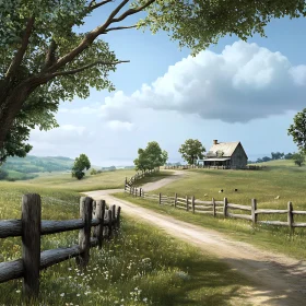 Rustic Farmhouse Scene with Green Fields