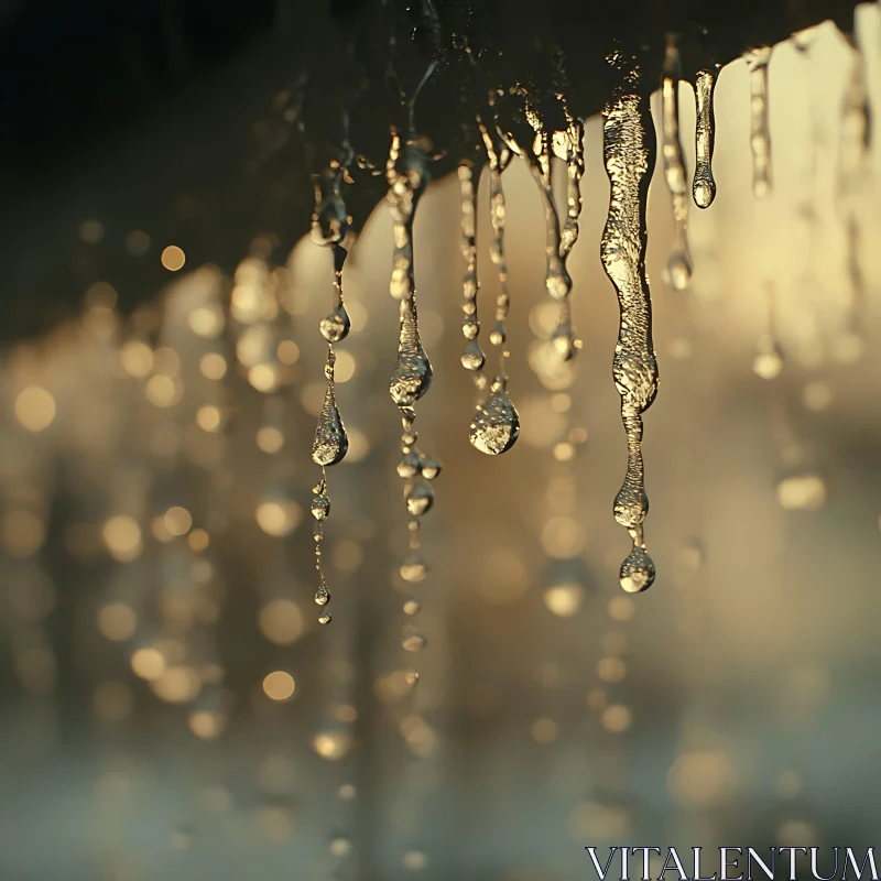 Sunlit Icicles Dripping Water Drops AI Image