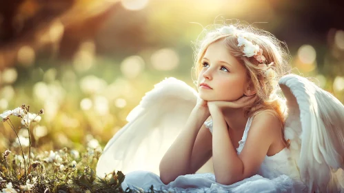 Angelic Girl with Wings in Field