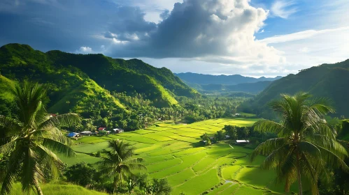 Lush Green Rice Fields in Hilly Landscape