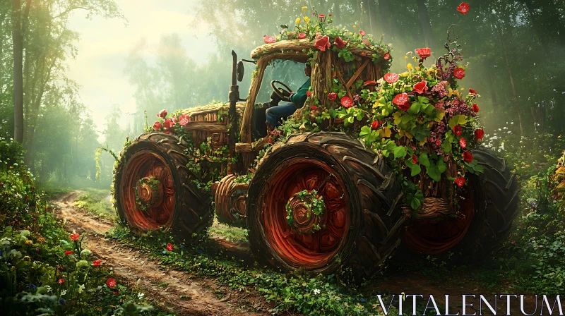 AI ART Rustic Tractor with Flowers in Woods