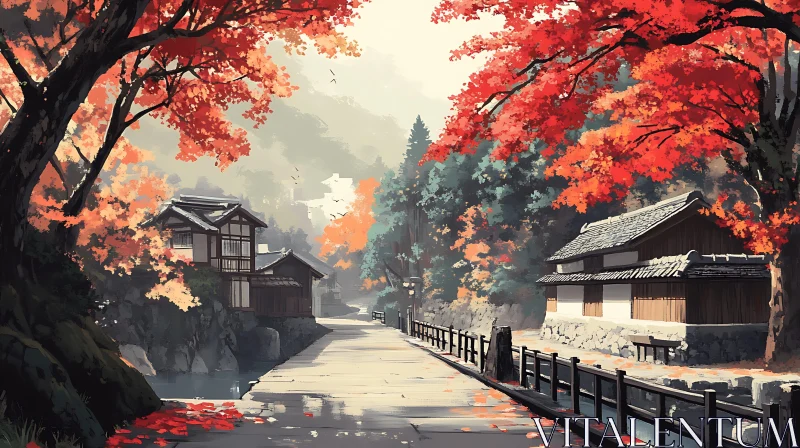 Japanese Autumn Village Scene AI Image