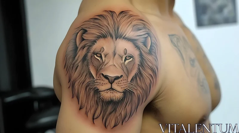 Majestic Lion Head Tattoo on Shoulder AI Image