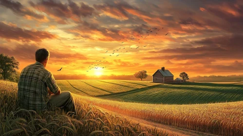 Man Contemplates Sunset in Rural Landscape