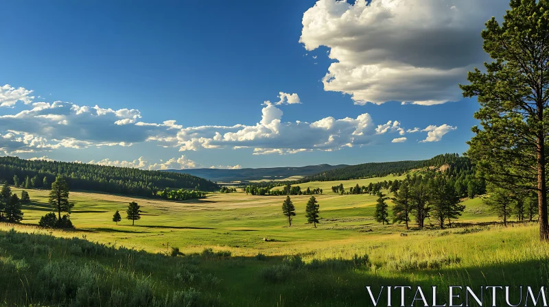 Green Meadow with Forest and Cloudy Sky AI Image