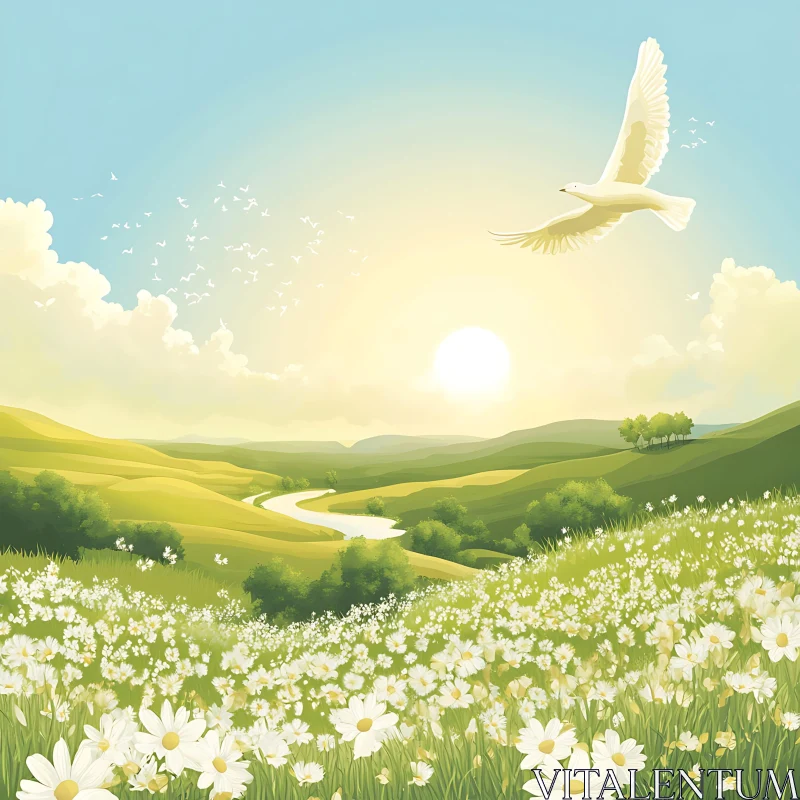 Peaceful Meadow Scene with Flying Bird AI Image