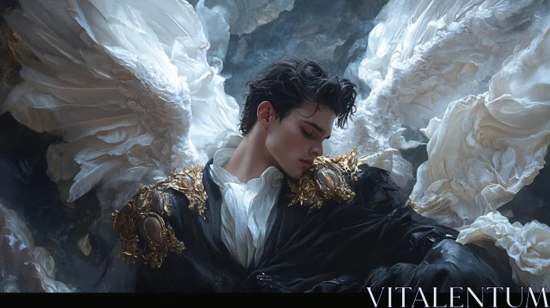 Male Angel Portrait with White Wings AI Image