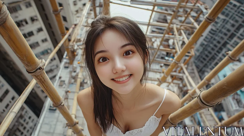 Asian Woman Smiling in Urban Setting AI Image