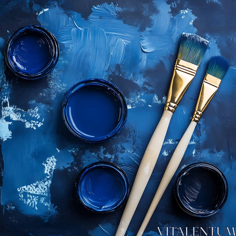 Blue Paint and Brushes Composition AI Image